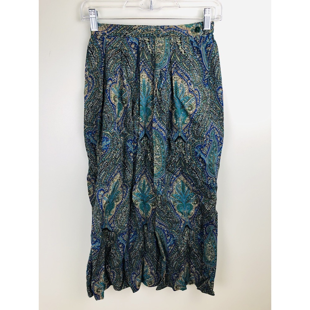 VTG Women's 8 Lombardi Skirt 100% Wool Midi Paisley Blue Pleated Sportswear 90s